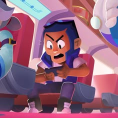 a man sitting on top of a red chair next to another person in front of him