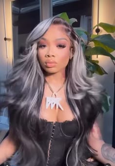 Silver Hair Styles, Gray And Black Wig, Grey And Black Hair, Black Wig With Grey Highlights, Black Wig With Silver Highlights, Black And Silver Wig, Black And Gray Frontal Wig, Black And Grey Highlights Wig, Silver And Black Wig