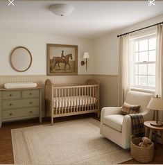 a baby's room with a rocking chair, crib, dresser and horse painting