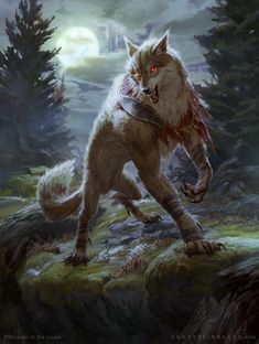 a painting of a wolf with blood on its face and tail running through the woods
