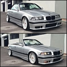 two pictures of a silver car parked in front of a building