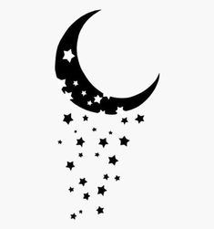 the moon and stars are falling down from it's side, which is black on white