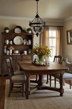 Traditional Country Dining Room, Natural Wood Dining Room Table, Classic Country Dining Room, Cherry Wood Dining Room, Warm Wood Dining Table, Country Formal Dining Room, European Country Dining Room, Country Dining Room Decor, Country Farmhouse Dining Room