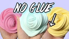 three different colored hair dyes in their hands with the words no glue on them