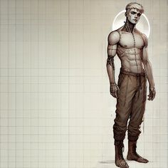 a drawing of a man standing in front of a tiled wall with his hands on his hips