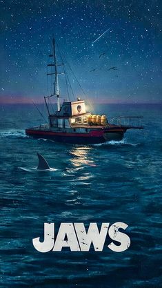 a movie poster for jaws featuring a boat in the ocean