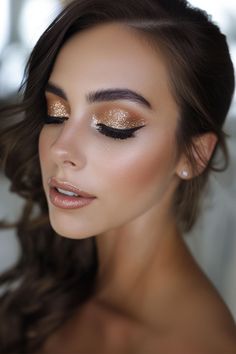 Step into the spotlight with dazzling glitter eyeshadow looks, perfect for any party! Whether it's bold and vibrant or soft and shimmery, we’ve got the sparkle to match your vibe. #GlitterEyeshadow #PartyGlam #MakeupMagic #ShimmerAndShine #GlamLooks Wedding Makeup Sparkle, Gold Shimmery Eye Makeup, Gold Sparkle Makeup, Shimmer Glam Makeup, Gold Shimmer Eye Makeup, Glittery Wedding Makeup, Gold Party Makeup, Sparkly Gold Eye Makeup, Gold Shimmer Makeup Look