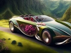 a car with flowers in the front driving on a road near mountains and grass covered hills