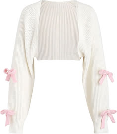 SHENHE Women's Open Front Ribbed Knit Bow Cute Cropped Cardigan Bolero Sweater Shrug Cute Shrugs, Sweater Bolero, White Bolero Sweater, Bow Front Cardigan, Cute Boleros, Crochet Cardigan With Bow Detail, Coquette Shrug, Pink Bolero Sweater, Bow Cardigan