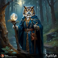 an owl dressed as a wizard holding a crystal ball in his hand and standing next to a tree