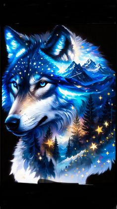 a painting of a wolf with stars and trees in the background