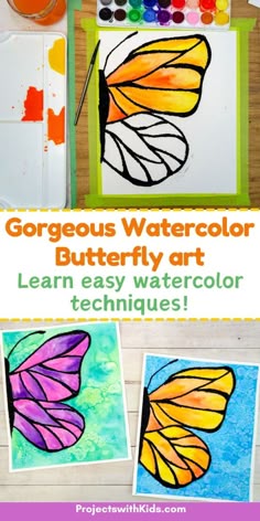watercolor butterfly art lesson for kids to learn how to draw and paint with colored paper