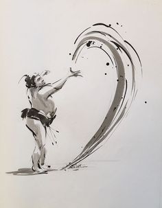 a black and white drawing of a woman on a surfboard in front of a wave