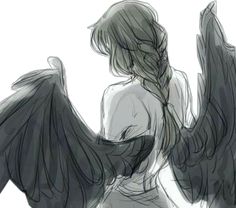 a drawing of an angel with black wings