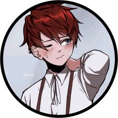 an anime character with red hair and suspenders, wearing a white button down shirt