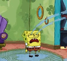 an animated spongebob character in a living room with other cartoon characters around him