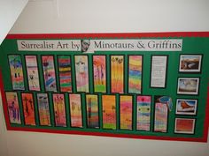 there is a large poster on the wall in front of it that says, surreal art by minotaurs & griffins