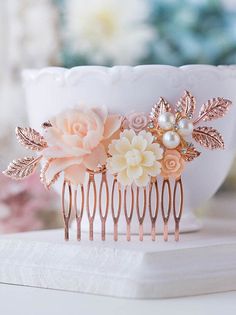 Rose Gold Wedding Bridal Hair Comb Blush Pink Cream White | Etsy Vintage Pink And White Comb, Peach Hair Comb, Pink And White Hair Combs, Blush Garden Hair Comb, Ivory And Coral Hair Clip, Cream Rose Hair Accessory, Pink Rose Hair Comb Wedding, Vintage Pink Hair Comb, Pink And Beige Hair Accessories