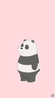 a panda bear is standing up against a pink background