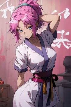 an anime character with pink hair standing in front of a wall and holding her arm behind her head