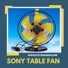 a yellow fan sitting on top of a table next to a blue background with the words sony table fan