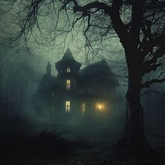 a creepy house in the middle of a forest at night with fog and light coming from its windows