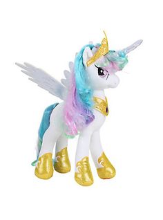 a small toy pony with gold boots on it's feet and a rainbow mane