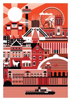 an orange and red poster with buildings, ferris wheel, and water in the background