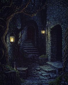 a painting of a stone path leading to a door with two lanterns on each side