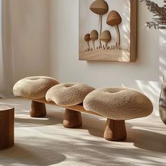 a group of mushrooms sitting on top of a wooden bench