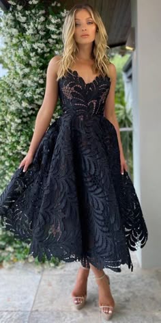 Lace Midi Dress For Prom In Summer, Summer Tea Length Evening Dress For Wedding Guest, Chic Summer Tea Length Dress For Wedding Guest, Luxury Summer Tea Length Dress For Wedding Guest, Summer Wedding Guest Tea-length Evening Dress, Luxury Tea Length Dress For Summer Wedding Guest, Elegant Sleeveless Lace Dress For Wedding Guest, Chic Lace Dress For Wedding Guests, Black Lace Dress For Summer Wedding