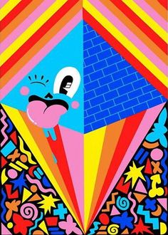 a colorful poster with an image of a person on top of a pyramid and stars around it