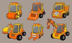 cartoon construction vehicles are shown in this image