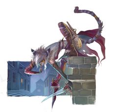 an animated image of a woman on top of a brick wall with two swords in her hand