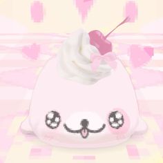 a cartoon ice cream sundae with a pink bow on it's head and eyes