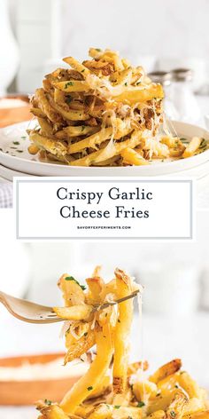 crispy garlic cheese fries on a white plate with a fork in it and the title overlay reads crispy garlic cheese fries