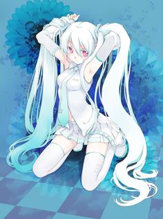 Miku White Outfit, White Eve Miku, Miku With Her Hair Down, Princess Blanche Miku, Hatsune Miku Sitting, Miku Sitting, White Hair Miku, White Hair Pigtails, Vocaloid Feet