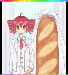 a person in a suit and tie standing next to a loaf of bread with red hair