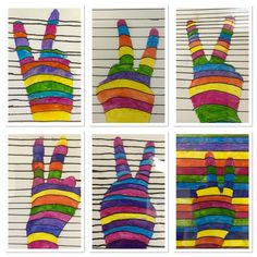 four different pictures of hand made out of colored strips