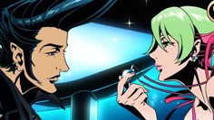 two anime characters are looking at each other