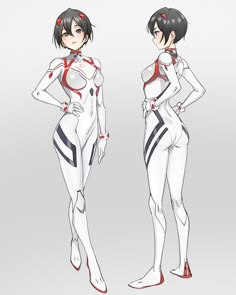 two women in white bodysuits standing next to each other with red and black hair