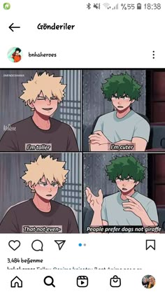 an anime character with green hair and two different expressions on the same page, one saying that