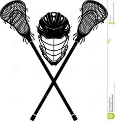 two lacrosse sticks and helmet on a white background