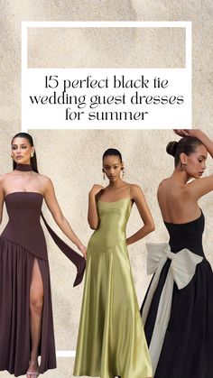 15 Perfect Black Tie Wedding Guest Dresses for Summer, long maxi babyboo brown dress with scarf, long maxi olive green dress and meshki strapless black dress with bow on the back