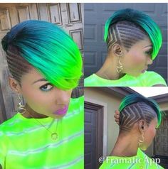 Bright. Loud. Colorful. Blue & Hot Green Ombre. OMG! Nice. Shaved Hair Designs, Black Haircut Styles, Ombré Hair, Edgy Haircuts, Hair Tattoos, Funky Hairstyles, Sassy Hair, Hairstyle Gallery, Cool Hair Color