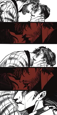 two comics with one being kissing the other's head and another is looking at him