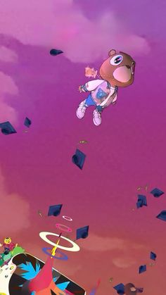 an animated character flying through the air with graduation caps