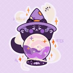 a purple cat wearing a witches hat and holding a crystal ball with stars around it