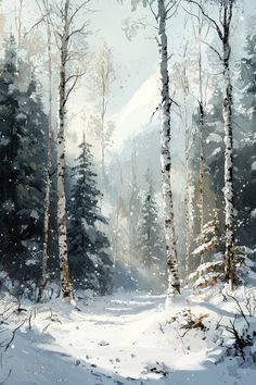 a painting of snow covered trees in the woods