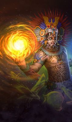 an image of a man holding a ball in his hand with fire coming out of it